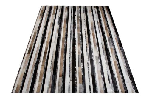 Striped beige and black with salt and pepper cowhide patchwork rug