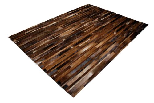 General view of our Toasted brown patchwork cowhide rug in stripes
