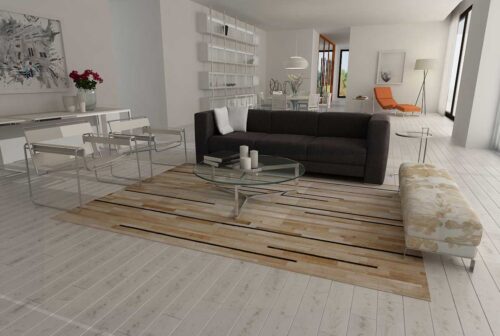 Beige and chocolate Patchwork Cowhide Rug Designed in stripes in a White modern living room