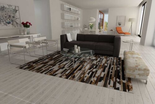 White, brown and black patchwork cowhide rug in minimal living room