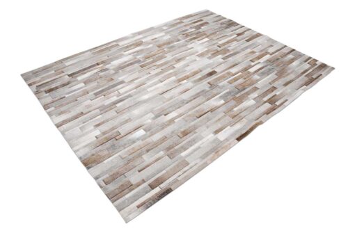 Gray, beige and white patchwork leather area rug in Stripes