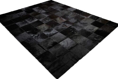 Side view of Black Patchwork Cowhide Rug in 8 inches Squares