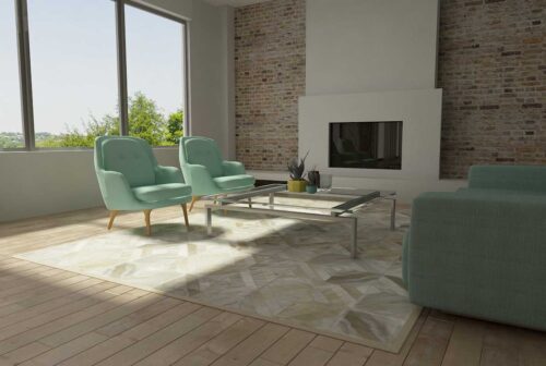Beige patchwork cowhide rug in diamond design in sunny living room