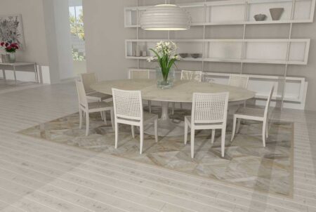 Beige leather area rug in diamond design in dining room Beige leather area rug in diamond design in dining room