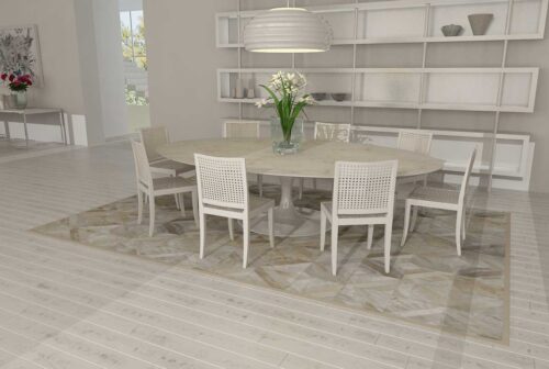 Beige leather area rug in diamond design in dining room