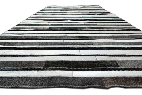 Patch Cow Rug in Stripes of gray, black and white