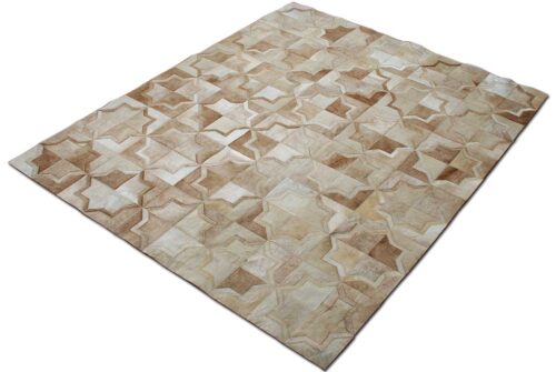 Beige natural cowhide patchwork rug in the Moorish Star design
