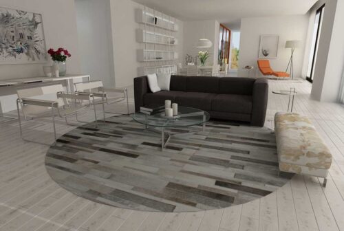 Round Gray Stripes Cowhide Patchwork Rug