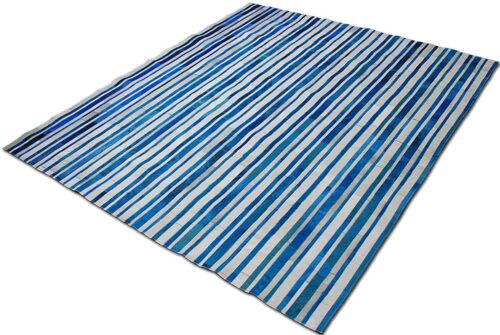 Blue and white natural cowhide patchwork rug in stripes design