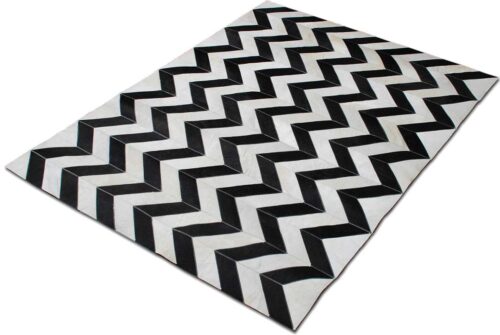 Black and white chevron leather area rug