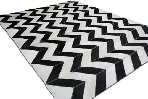 Black and white chevron patchwork cow hide rug