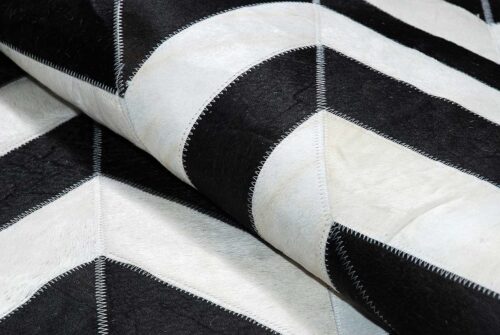 Hair detail of black and white chevron leather area rug
