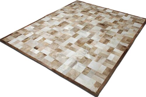 Beige and white leather area rug in bricks design with border
