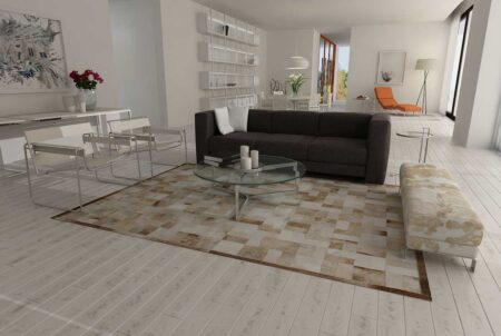 Beige and white leather area rug in bricks design with border in minimal living room Beige and white leather area rug in bricks design with border in minimal living room