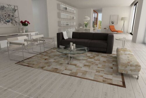 Beige and white leather area rug in bricks design with border in minimal living room