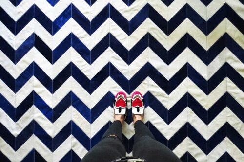 White and Blue Chevron Patchwork Cowhide Rug