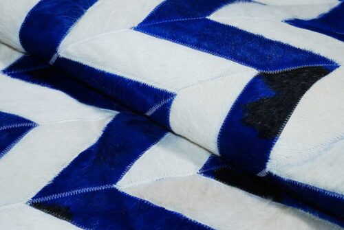 Detail of our Chevron blue and white cowhide patchwork rug