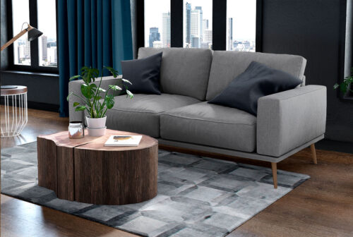 Gray Cube patchwork cowhide rug in a cozy small living room
