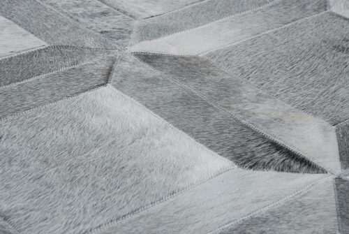 Detailed view of our gray Cube patchwork cowhide rug