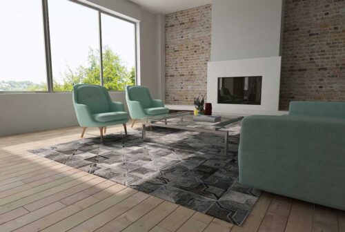 Dark gray leather area rug in a moorish star design in a sunny living room