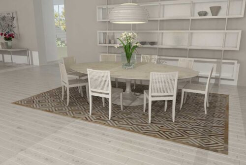 White and beige leather area rug in diamond design with border in dining room