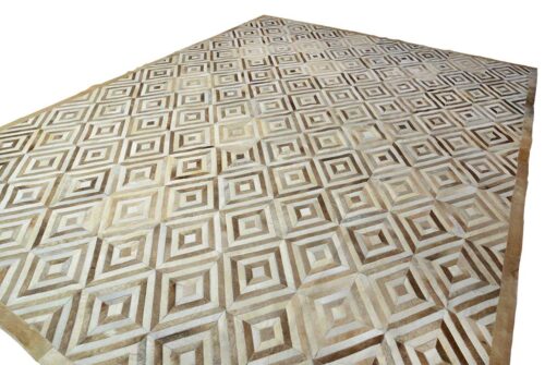 White and beige leather area rug in diamond design with border