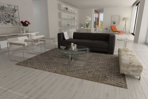 White and beige leather area rug in diamond design with border in minimal living room