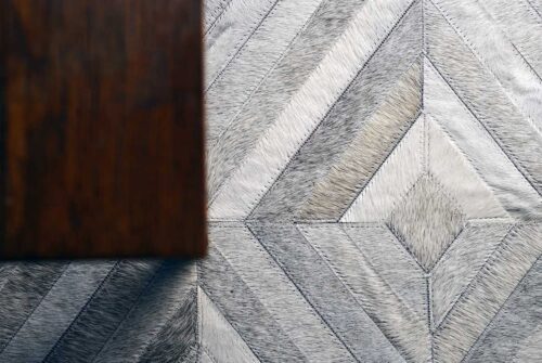Top view of our Diamond gray cowhide patchwork rug