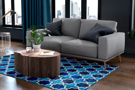 Moorish Star Blue and White Leather Area Rug in a modern living room on a dark floor Moorish Star Blue and White Leather Area Rug in a modern living room on a dark floor
