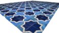 Close up of our Moorish Star Blue and White cowhide patchwork rug