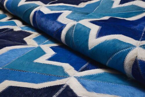 Hair detail of a Blue and White Leather Area Rug in a Moorish Star Design