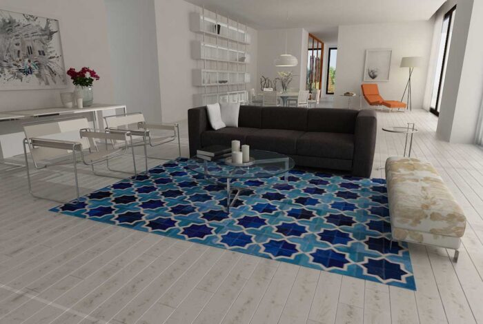 Blue Moorish Star Patchwork Cowhide Rug - Shine Rugs