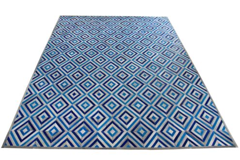 Blue and Gray Diamond Patchwork Cowhide Rug Blue and Gray Diamond Patchwork Cowhide Rug