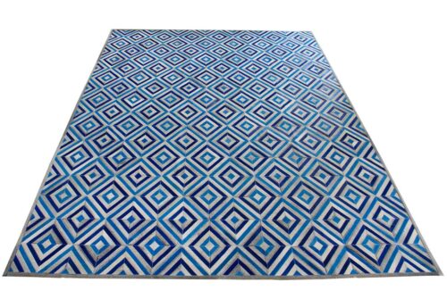 Blue and Gray Diamond Patchwork Cowhide Rug