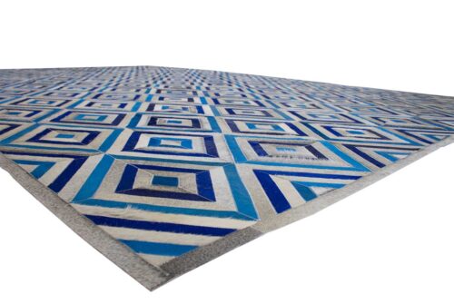Floor view of a Grey and Blue Diamond Patchwork Cowhide Rug