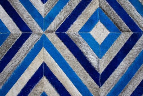 Close up of our Blue and Gray Diamond Patchwork Cowhide Rug