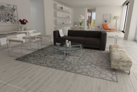 Gray Cowhide Patchwork Rug in a White modern living room Gray Cowhide Patchwork Rug in a White modern living room
