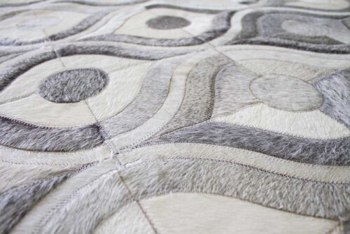 Detail of Gray Patchwork Cowhide Rug in our River Design