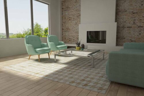 White and Beige Leather Area Rug Houndstooth Design in Tranquil Living Room