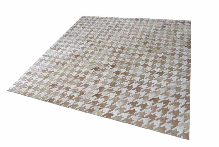 White and Beige Leather Area Rug Houndstooth Design