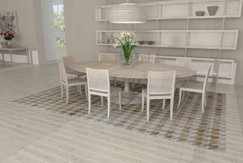 White and Beige Leather Area Rug Houndstooth Design in Modern Dining Room
