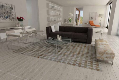 White and Beige Leather Area Rug Houndstooth Design in Contemporary Living Room