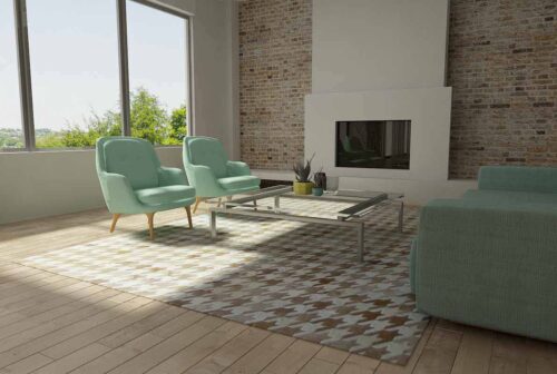 White and Beige Leather Area Rug Houndstooth Design in Tranquil Living Room
