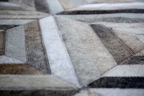 Taupe and Cream Diamond Patchwork Cowhide Rug Detail
