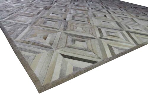 Diamond cowhide Patchwork Rug in gray and taupe with border