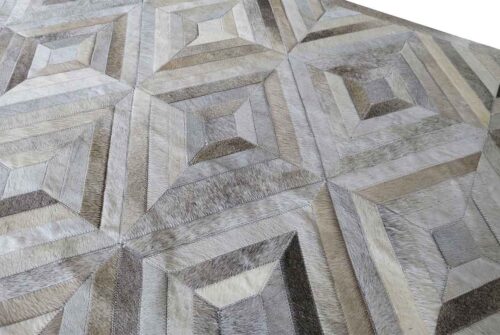 Diamond cowhide Patchwork Rug in gray and taupe with border