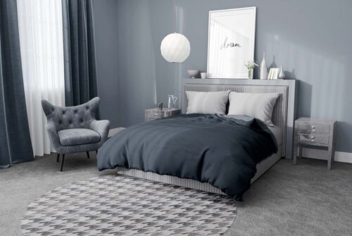 White and Taupe Gray Leather Area Rug Houndstooth in a blue bedroom
