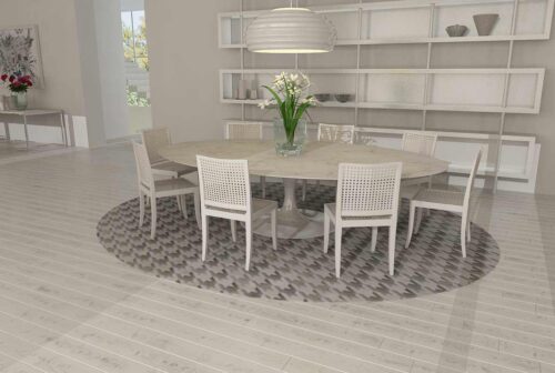 Round White and Taupe Gray Leather Area Rug Houndstooth Design in a White Dining Room