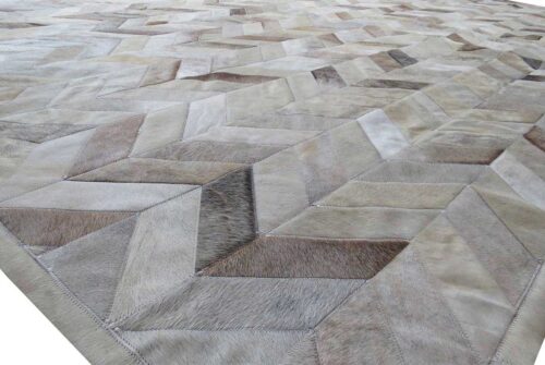 Taupe and ream Chevron Patchwork Cowhide Rug top view