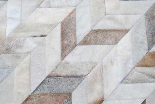 Taupe and ream Chevron Patchwork Cowhide Rug top view